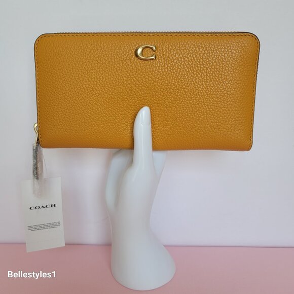 COACH Pebble Leather Zip-Around Accordion Wallet with Back-Slip Pocket-Buttercup - Picture 1 of 16
